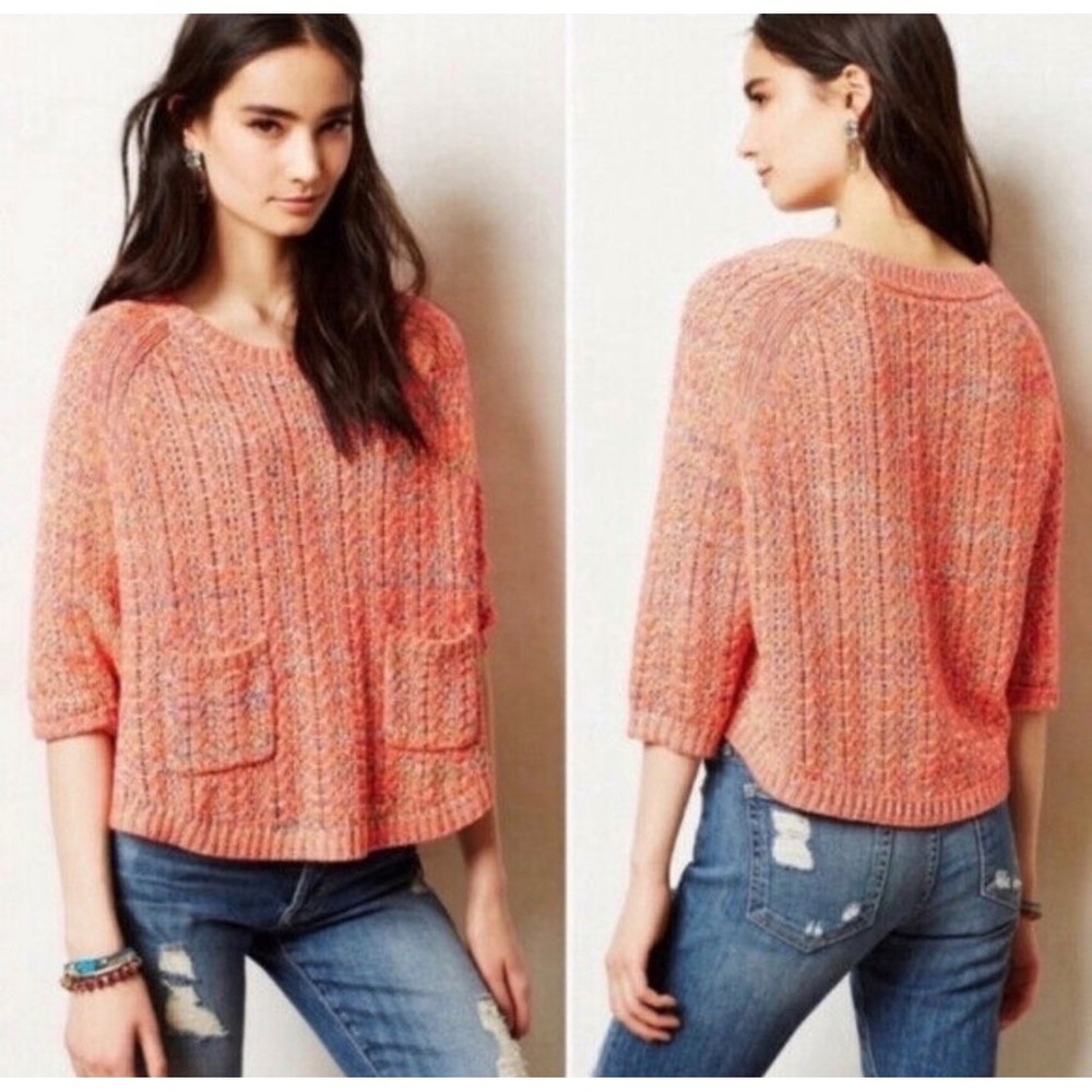 Moth Anthropologie Neon Orange Marled Knit Sweater Pockets XL Raglan Boho Boxy